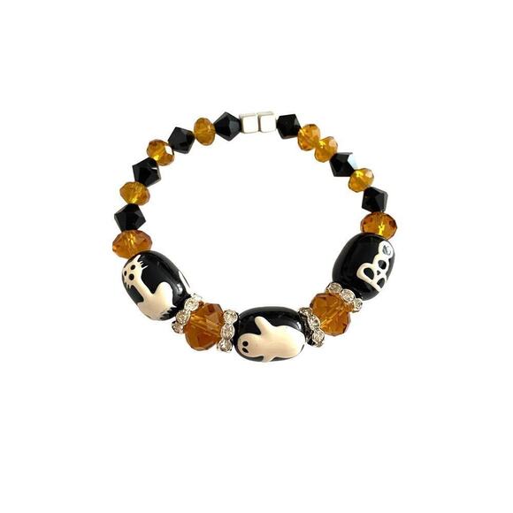 NWT 3 Glass Hand Painted Halloween Themed Magnetic Bracelets - Cat, Pumpkin, Boo - Picture 4 of 4